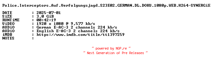 NFO for the release Police.Interceptors.Auf.Verfolgungsjagd.S23E02.GERMAN.DL.DOKU.1080p.WEB.H264-SYNERGiE by SYNERGiE