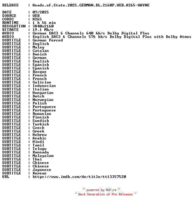 NFO for the release Heads.of.State.2025.GERMAN.DL.2160P.WEB.H265-WAYNE by WAYNE