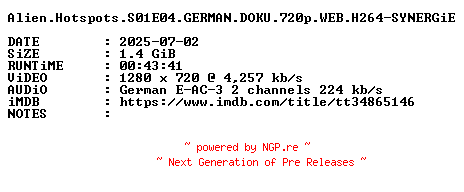 NFO for the release Alien.Hotspots.S01E04.GERMAN.DOKU.720p.WEB.H264-SYNERGiE by SYNERGiE