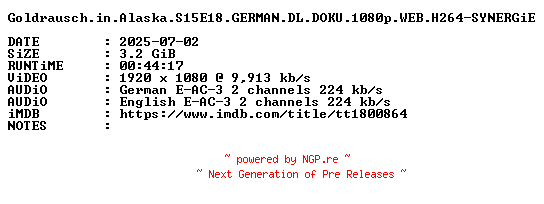 NFO for the release Goldrausch.in.Alaska.S15E18.GERMAN.DL.DOKU.1080p.WEB.H264-SYNERGiE by SYNERGiE