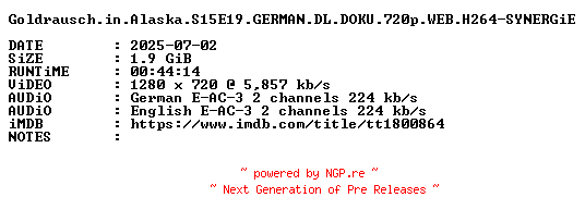 NFO for the release Goldrausch.in.Alaska.S15E19.GERMAN.DL.DOKU.720p.WEB.H264-SYNERGiE by SYNERGiE
