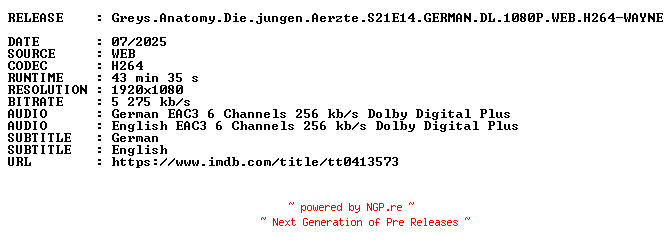NFO for the release Greys.Anatomy.Die.jungen.Aerzte.S21E14.GERMAN.DL.1080P.WEB.H264-WAYNE by WAYNE