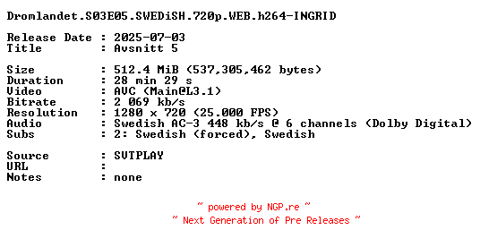 NFO for the release Dromlandet.S03E05.SWEDiSH.720p.WEB.h264-INGRID by INGRID