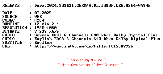NFO for the release Dora.2024.S03E21.GERMAN.DL.1080P.WEB.H264-WAYNE by WAYNE