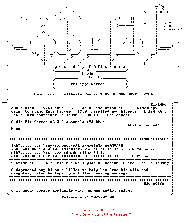 NFO for the release Cross.Zwei.Knallharte.Profis.1987.GERMAN.VHSRIP.X264-WATCHABLE by WATCHABLE