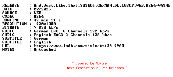 NFO for the release And.Just.Like.That.S03E06.GERMAN.DL.1080P.WEB.H264-WAYNE by WAYNE