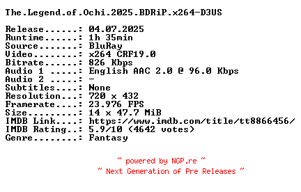 NFO for the release The.Legend.of.Ochi.2025.BDRiP.x264-D3US by D3US
