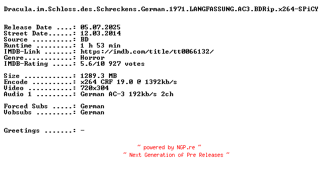 NFO for the release Dracula.im.Schloss.des.Schreckens.German.1971.LANGFASSUNG.AC3.BDRip.x264-SPiCY by SPiCY