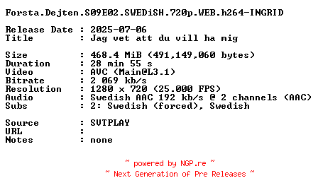NFO for the release Forsta.Dejten.S09E02.SWEDiSH.720p.WEB.h264-INGRID by INGRID