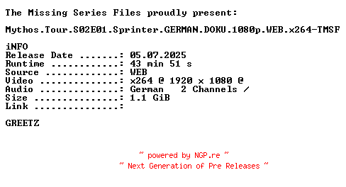 NFO for the release Mythos.Tour.S02E01.Sprinter.GERMAN.DOKU.1080p.WEB.x264-TMSF by TMSF