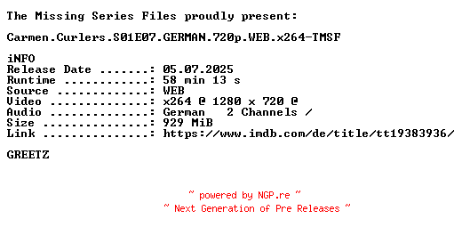 NFO for the release Carmen.Curlers.S01E07.GERMAN.720p.WEB.x264-TMSF by TMSF
