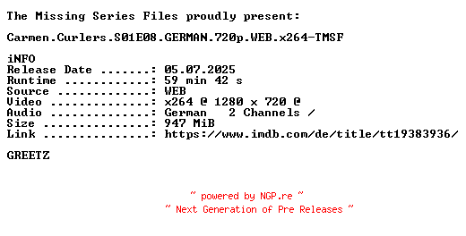 NFO for the release Carmen.Curlers.S01E08.GERMAN.720p.WEB.x264-TMSF by TMSF