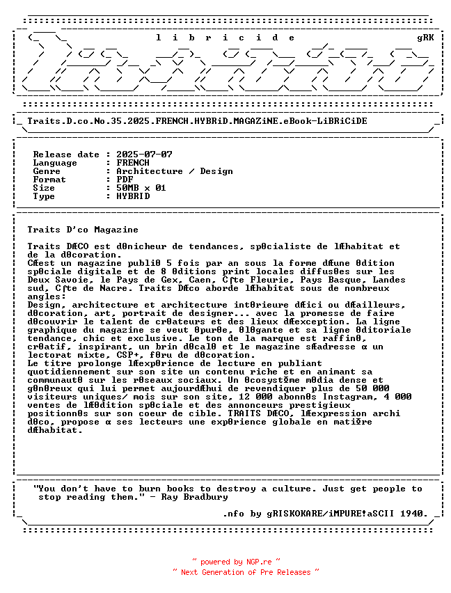 NFO for the release Traits.D.co.No.35.2025.FRENCH.HYBRiD.MAGAZiNE.eBook-LiBRiCiDE by LiBRiCiDE