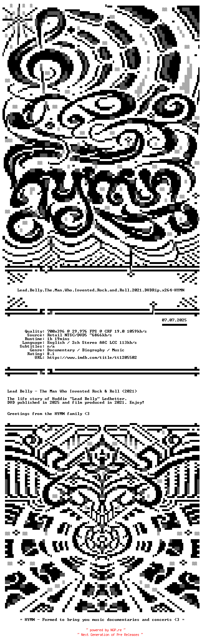 NFO for the release Lead.Belly.The.Man.Who.Invented.Rock.and.Roll.2021.DVDRip.x264-HYMN by HYMN