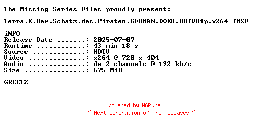 NFO for the release Terra.X.Der.Schatz.des.Piraten.GERMAN.DOKU.HDTVRip.x264-TMSF by TMSF