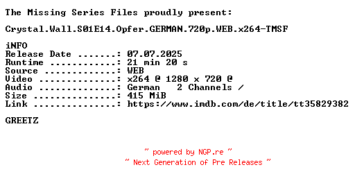 NFO for the release Crystal.Wall.S01E14.Opfer.GERMAN.720p.WEB.x264-TMSF by TMSF