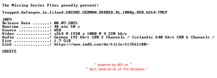 NFO for the release Trapped.Gefangen.in.Island.S02E02.GERMAN.DUBBED.DL.1080p.WEB.h264-TMSF by TMSF