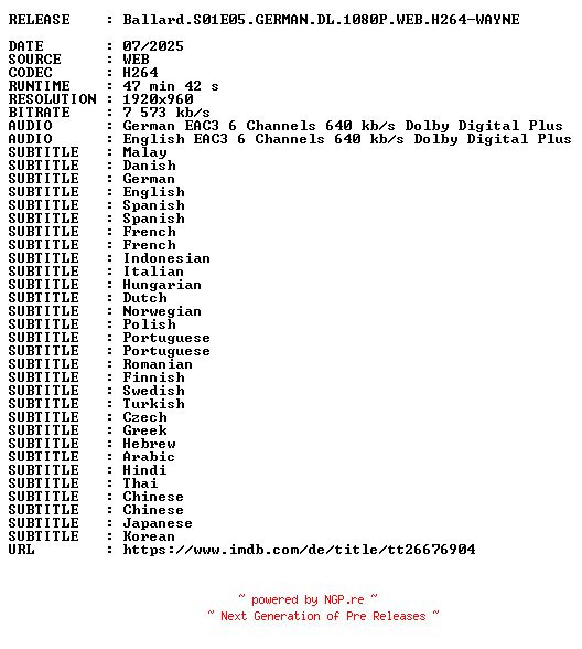 NFO for the release Ballard.S01E05.GERMAN.DL.1080P.WEB.H264-WAYNE by WAYNE