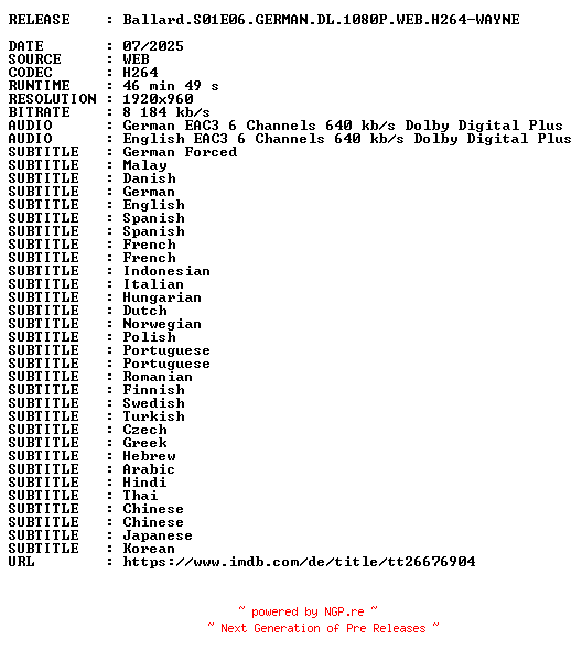 NFO for the release Ballard.S01E06.GERMAN.DL.1080P.WEB.H264-WAYNE by WAYNE