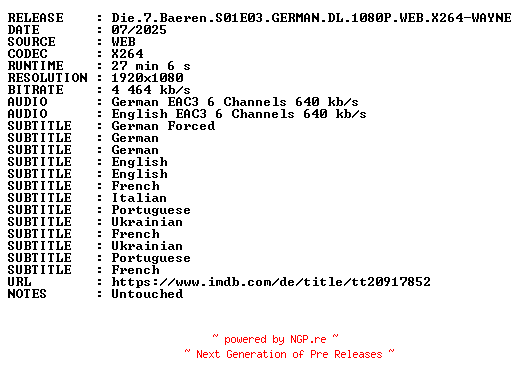 NFO for the release Die.7.Baeren.S01E03.GERMAN.DL.1080P.WEB.X264-WAYNE by WAYNE