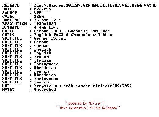 NFO for the release Die.7.Baeren.S01E07.GERMAN.DL.1080P.WEB.X264-WAYNE by WAYNE