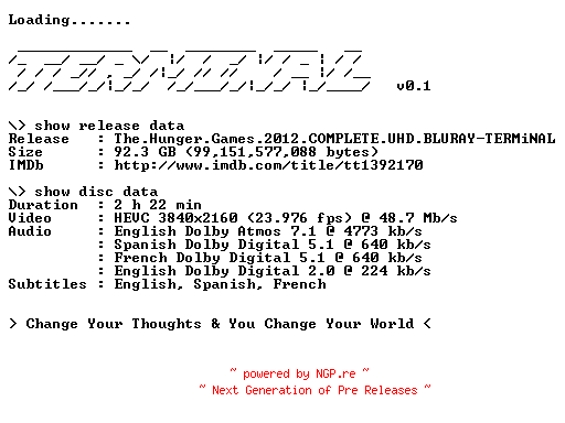 NFO for the release The.Hunger.Games.2012.COMPLETE.UHD.BLURAY-TERMiNAL by TERMiNAL