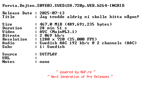 NFO for the release Forsta.Dejten.S09E03.SWEDiSH.720p.WEB.h264-INGRID by INGRID