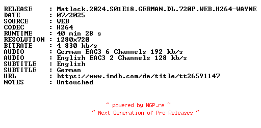 NFO for the release Matlock.2024.S01E18.GERMAN.DL.720P.WEB.H264-WAYNE by WAYNE