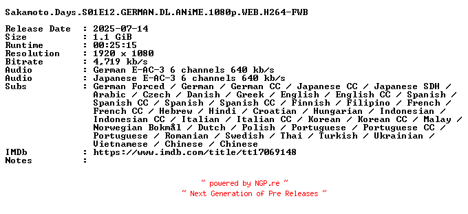 NFO for the release Sakamoto.Days.S01E12.GERMAN.DL.ANiME.1080p.WEB.H264-FWB by FWB