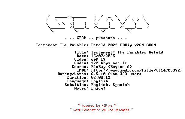 NFO for the release Testament.The.Parables.Retold.2022.BDRip.x264-GRAM by GRAM