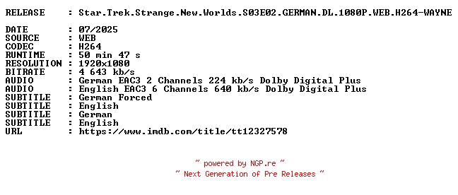 NFO for the release Star.Trek.Strange.New.Worlds.S03E02.GERMAN.DL.1080P.WEB.H264-WAYNE by WAYNE
