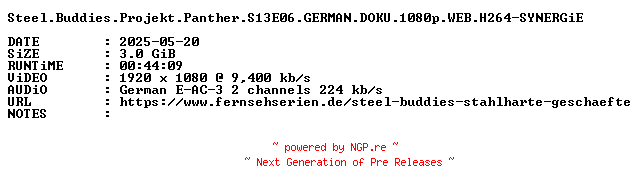 NFO for the release Steel.Buddies.Projekt.Panther.S13E06.GERMAN.DOKU.1080p.WEB.H264-SYNERGiE by SYNERGiE
