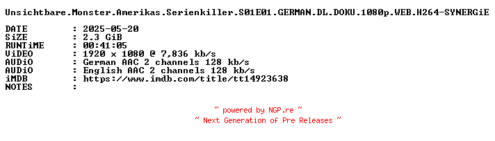 NFO for the release Unsichtbare.Monster.Amerikas.Serienkiller.S01E01.GERMAN.DL.DOKU.1080p.WEB.H264-SYNERGiE by SYNERGiE