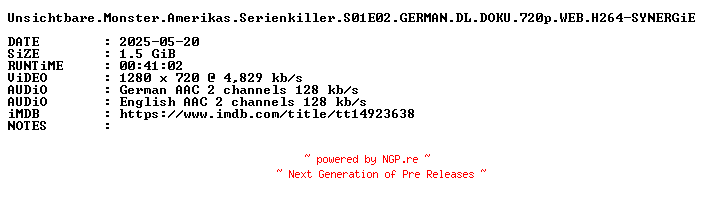 NFO for the release Unsichtbare.Monster.Amerikas.Serienkiller.S01E02.GERMAN.DL.DOKU.720p.WEB.H264-SYNERGiE by SYNERGiE