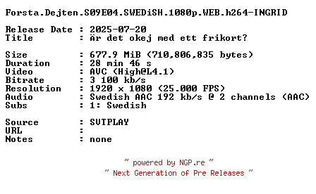 NFO for the release Forsta.Dejten.S09E04.SWEDiSH.1080p.WEB.h264-INGRID by INGRID