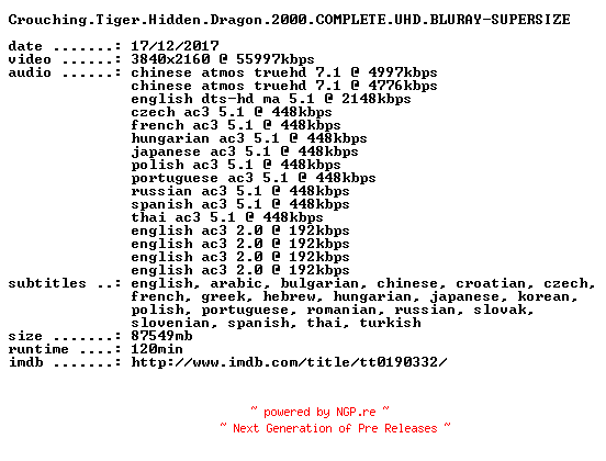 NFO for the release Crouching.Tiger.Hidden.Dragon.2000.COMPLETE.UHD.BLURAY-SUPERSIZE by SUPERSIZE