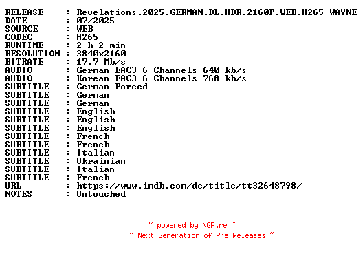 NFO for the release Revelations.2025.GERMAN.DL.HDR.2160P.WEB.H265-WAYNE by WAYNE