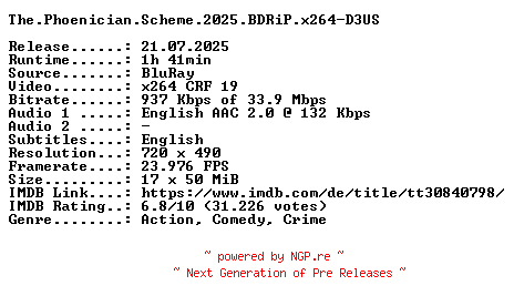 NFO for the release The.Phoenician.Scheme.2025.BDRiP.x264-D3US by D3US