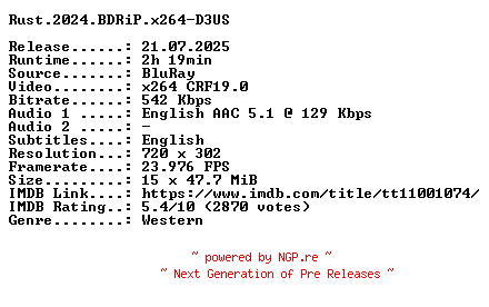 NFO for the release Rust.2024.BDRiP.x264-D3US by D3US
