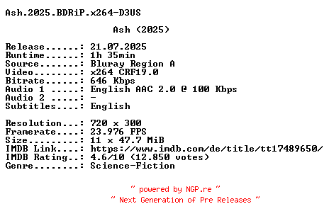 NFO for the release Ash.2025.BDRiP.x264-D3US by D3US