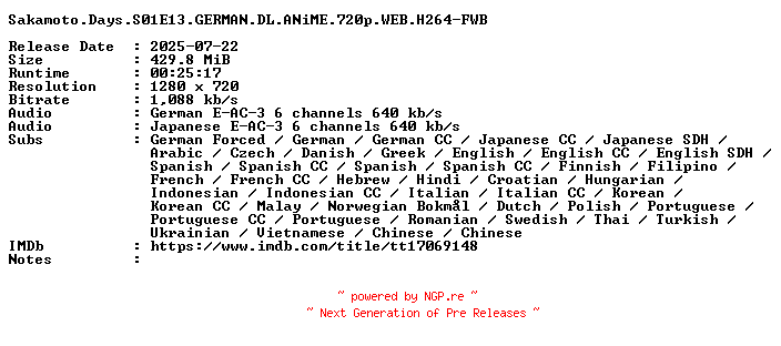 NFO for the release Sakamoto.Days.S01E13.GERMAN.DL.ANiME.720p.WEB.H264-FWB by FWB