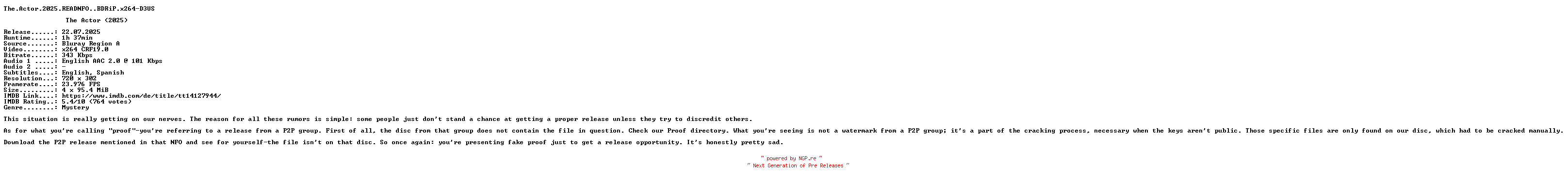 NFO for the release The.Actor.2025.READNFO.BDRip.x264-D3US by D3US