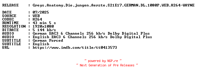 NFO for the release Greys.Anatomy.Die.jungen.Aerzte.S21E17.GERMAN.DL.1080P.WEB.H264-WAYNE by WAYNE