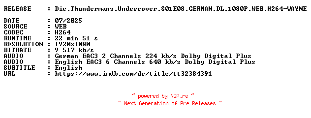 NFO for the release Die.Thundermans.Undercover.S01E08.GERMAN.DL.1080P.WEB.H264-WAYNE by WAYNE