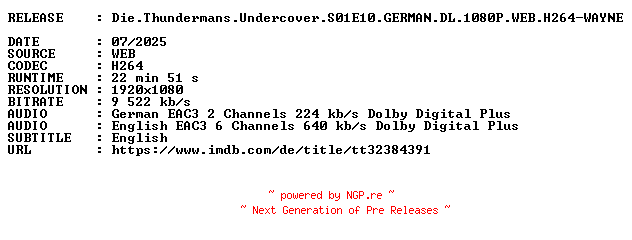 NFO for the release Die.Thundermans.Undercover.S01E10.GERMAN.DL.1080P.WEB.H264-WAYNE by WAYNE