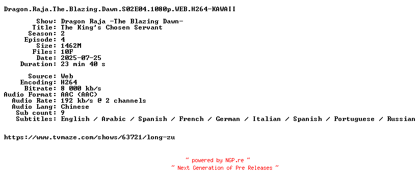 NFO for the release Dragon.Raja.The.Blazing.Dawn.S02E04.1080p.WEB.H264-KAWAII by KAWAII