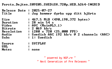NFO for the release Forsta.Dejten.S09E05.SWEDiSH.720p.WEB.h264-INGRID by INGRID
