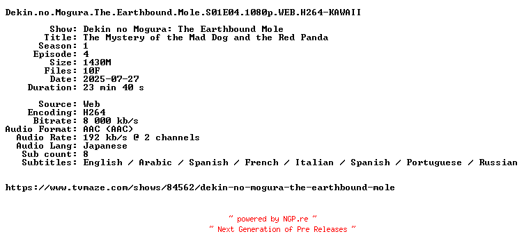 NFO for the release Dekin.no.Mogura.The.Earthbound.Mole.S01E04.1080p.WEB.H264-KAWAII by KAWAII