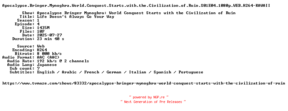 NFO for the release Apocalypse.Bringer.Mynoghra.World.Conquest.Starts.with.the.Civilization.of.Ruin.S01E04.1080p.WEB.H264-KAWAII by KAWAII