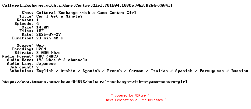 NFO for the release Cultural.Exchange.with.a.Game.Centre.Girl.S01E04.1080p.WEB.H264-KAWAII by KAWAII